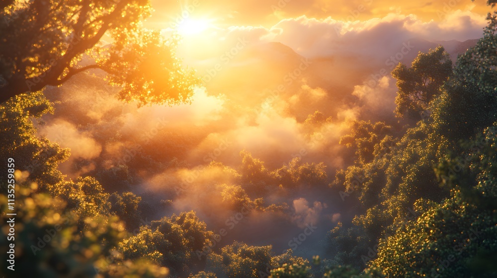 Naklejka premium Golden sunlight breaks through evergreen trees at dawn in a serene landscape