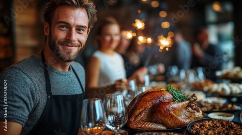 Gathering for a festive dinner with turkey and candles in a cozy setting