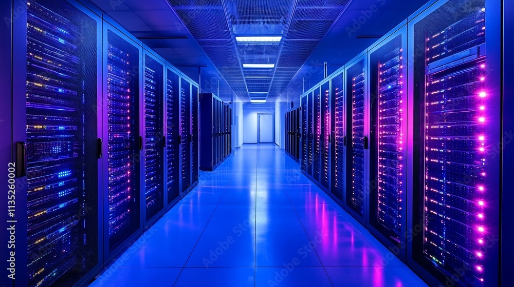 Server room with blue and purple lighting. Server room with blue and purple lighting.