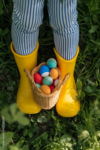Child stands in green grass wearing yellow boots while holding a basket of co...