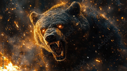 Fierce, fire-eyed bear snarling amidst flames and sparks. photo