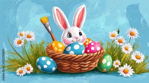 Colorful Easter basket with decorated eggs and a bunny in a cheerful setting