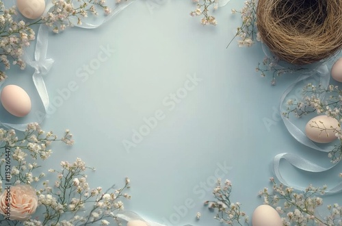 Decorative spring arrangement with pastel Easter eggs and flowers on a textur...