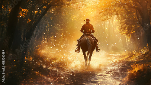 Lone cowboy riding a horse through a sunlit forest trail, enhancing the scene with water splashes.illustration