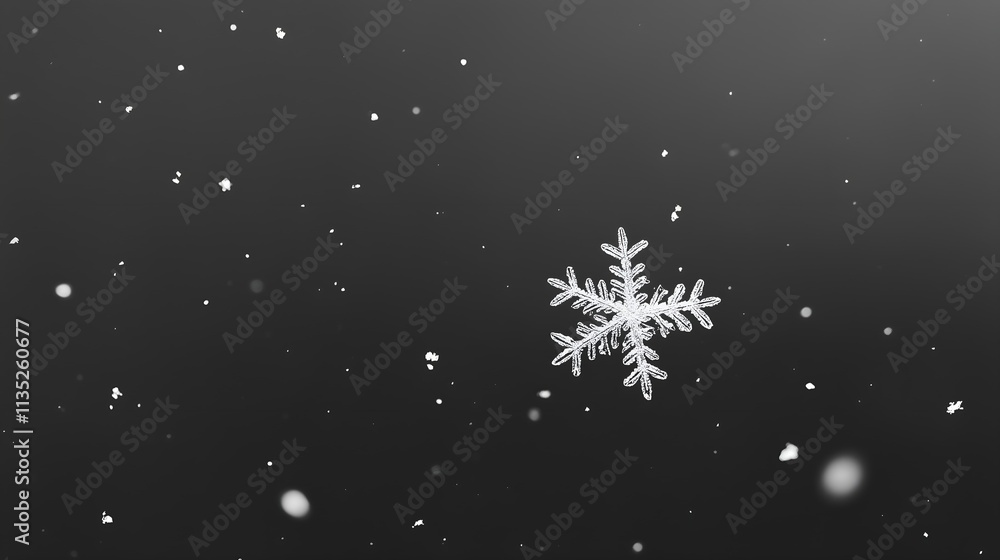 Frozen Snowflake Against Dark Sky, Minimalist Winter Scene, Black and White Snowfall Frozen Snowflake Against Dark Sky, Minimalist Winter Scene, Black and White Snowfall