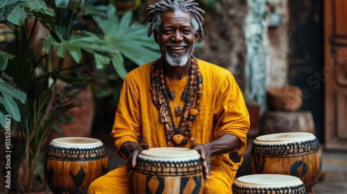 Smiling musician in yellow attire playing traditional drums outdoors