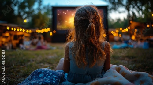 Summer evening outdoor movie experience for children enjoying a magical atmos...