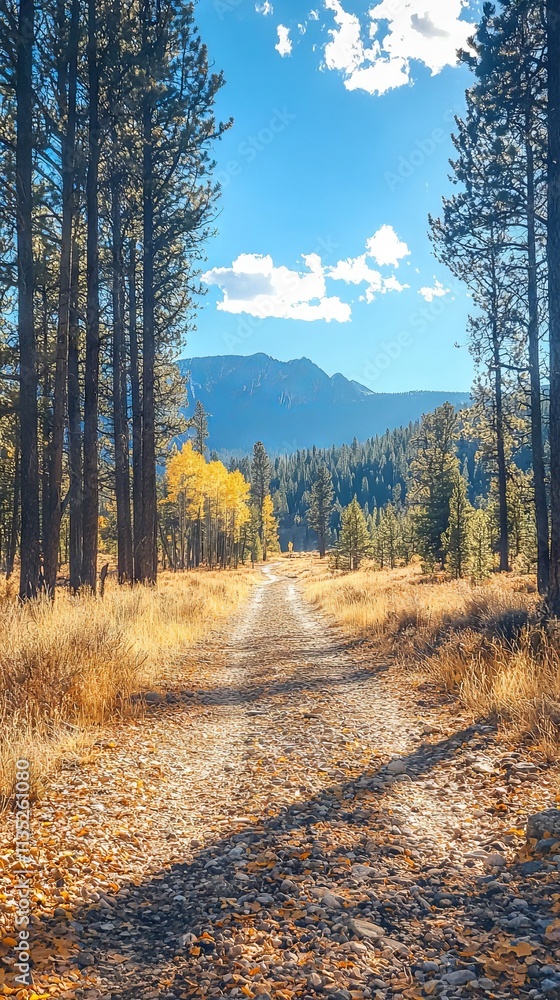 Fototapeta premium A serene dirt path through a forest, leading to distant mountains under blue skies.