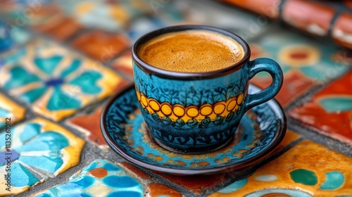 Warm coffee in a decorative cup with roasted beans on a textured surface