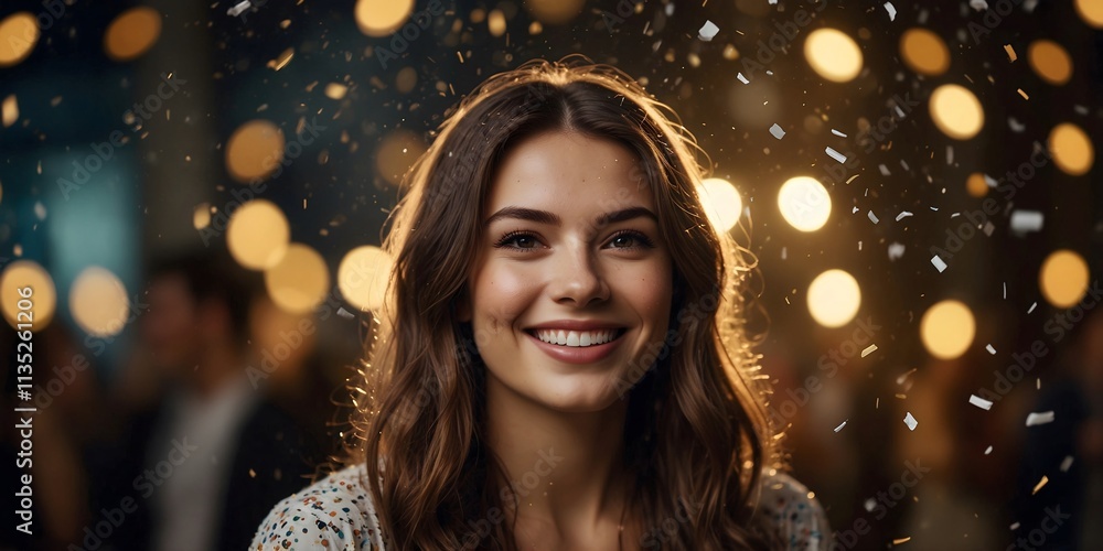 Smiling Woman Showered With Confetti in the party for celebration, event, welcome new year eve. Smiling Woman Showered With Confetti in the party for celebration, event, welcome new year eve.