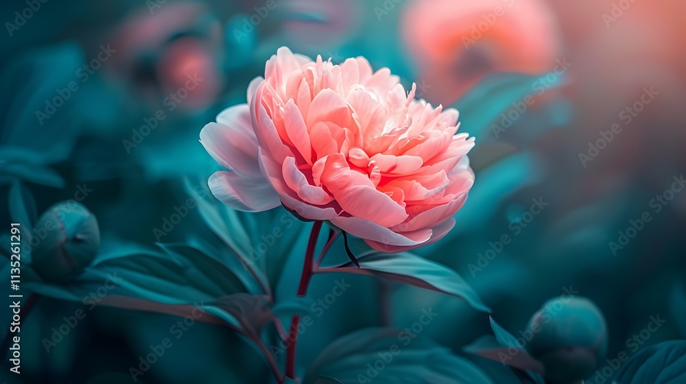 A macro shot of a pale pink peony flower in full bloom with soft lighting A macro shot of a pale pink peony flower in full bloom with soft lighting