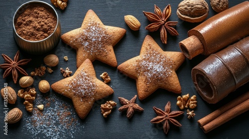 Star shaped cookies decorated with sugar surrounded by nuts and spices in a f...