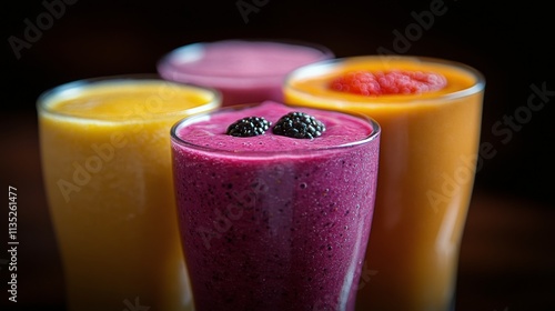 Colorful fruit smoothies served in tall glasses with fresh berries on top