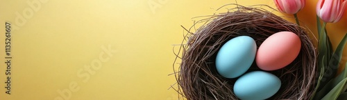 Colorful Easter eggs arranged in a nest with tulips on a yellow background