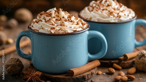 Richly topped hot chocolate in cozy mugs with spices and nuts on a wooden table