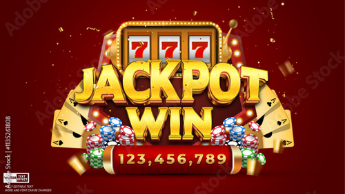 Lucky casino jackpot win editable 3d gold luxury vector text effect template with poker card, slot machine on red glitter background photo