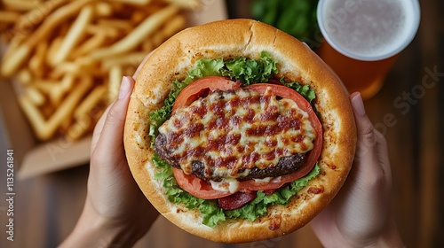 Delicious burger layered with cheese, lettuce, and tomato served with fries a...