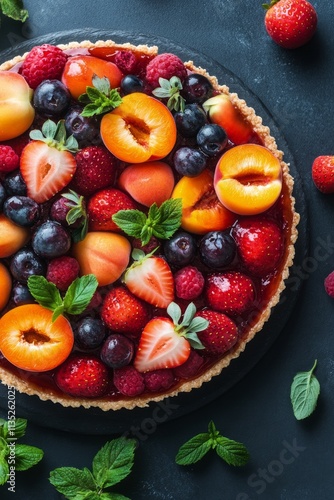 Colorful fruit tart topped with fresh strawberries, blueberries, and apricots...