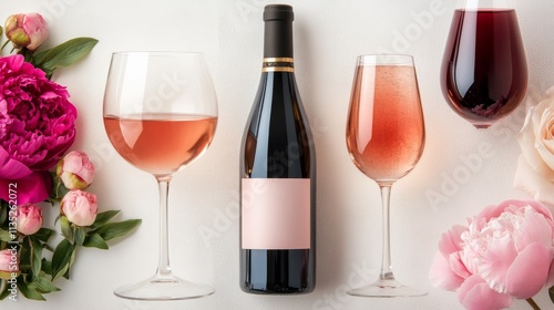 Bright wine glasses with fresh peonies on a white background for spring celeb...