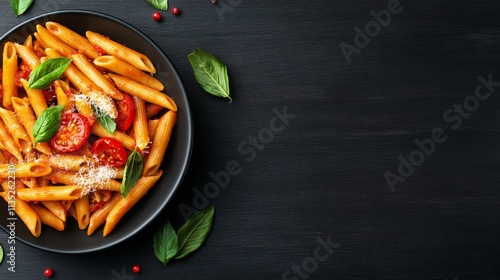 Freshly cut tomatoes with basil and seasoning on a dark kitchen surface for c...