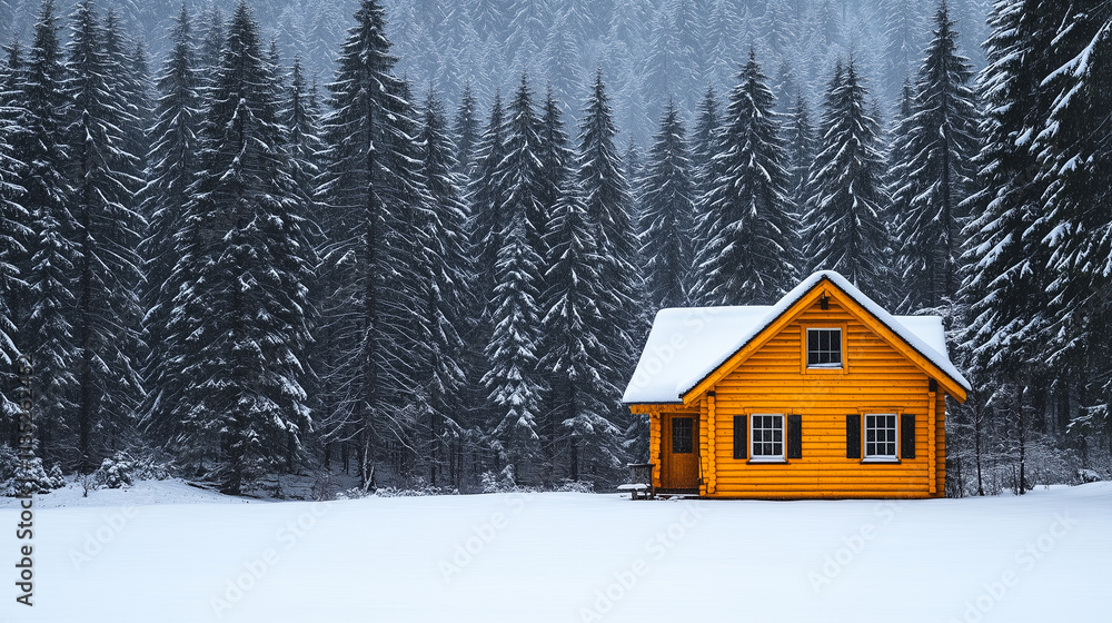 A wooden cabin nestled in a snowy pine forest. A wooden cabin nestled in a snowy pine forest.