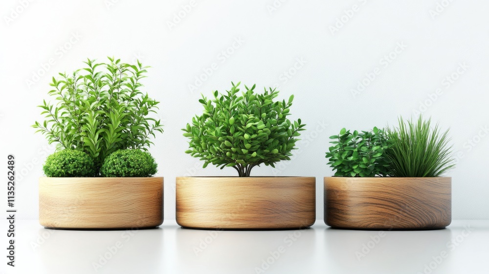 Three Modern Indoor Plants in Wooden Pots Three Modern Indoor Plants in Wooden Pots