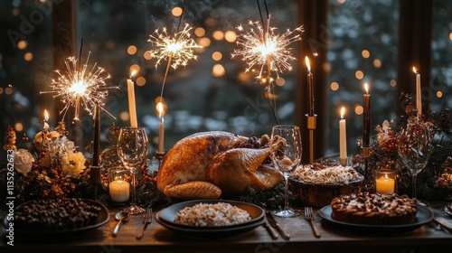 Gathering for a festive dinner with turkey and candles in a cozy setting