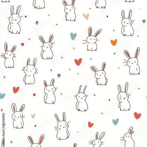 Bunny pattern with playful rabbits and colorful hearts on a white background
