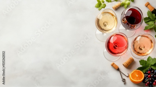 Various wine glasses arranged on a gray surface with a corkscrew nearby