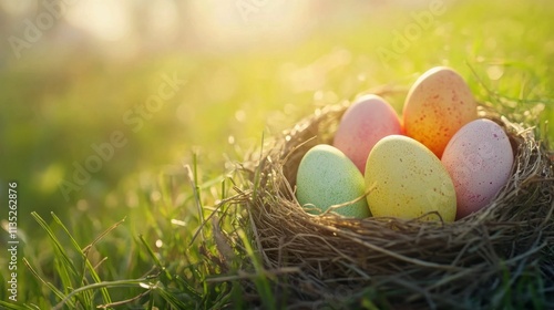 Colorful eggs resting in a nest on a grassy field during spring
