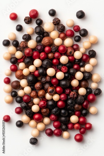 Variety of colorful peppercorns scattered on a white surface ready for culina...