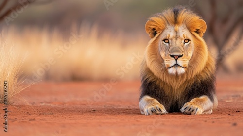 Majestic lion gazing into the distance against a soft neutral background