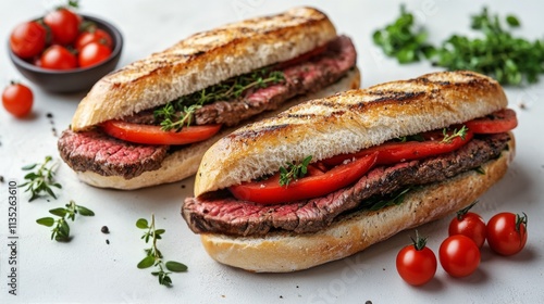 Delicious grilled steak sandwiches with fresh toppings served on a white back...