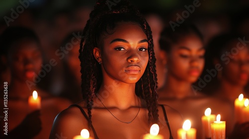 Candlelight vigil with individuals holding candles and reflecting in a somber...