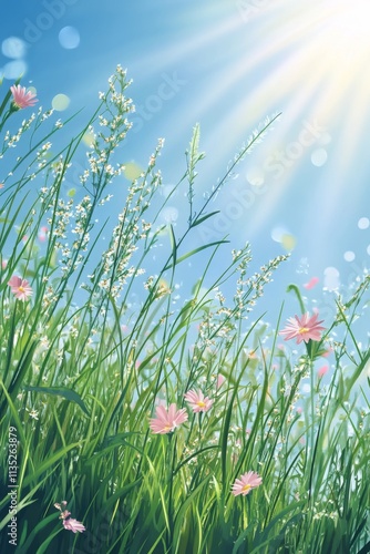 Colorful wildflowers bloom under bright sunlight in a vibrant blue sky