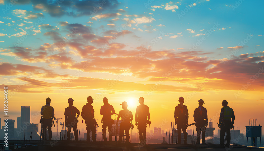 Silhouettes of workers against the background of the city. Silhouettes of workers against the background of the city.