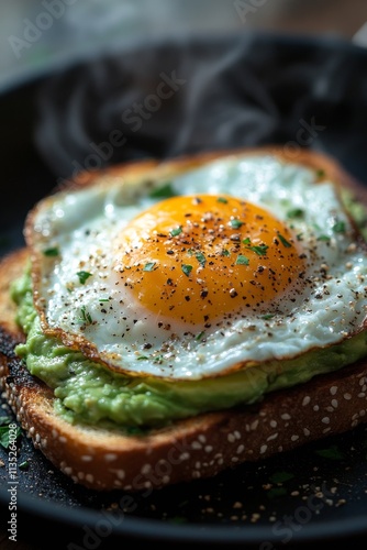 Delicious avocado toast topped with a perfectly cooked egg on a rustic plate
