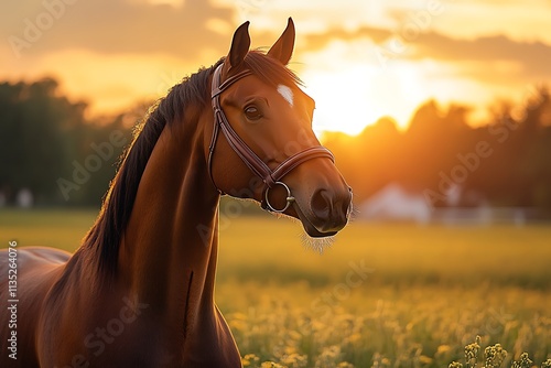 Bay gelding galloping across green meadow soft sunlight on its coat vibrant summer landscape photo