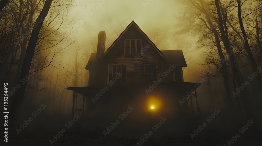 Obraz premium Eerie old house stands alone in the foggy forest at twilight with glowing windows