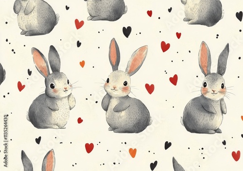 Cute rabbit pattern with hearts and dots in playful design for childrens decor