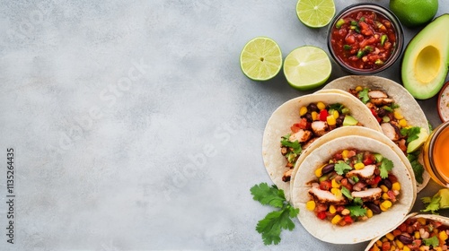 Delicious grilled chicken tacos served with refreshing beer and fresh toppings