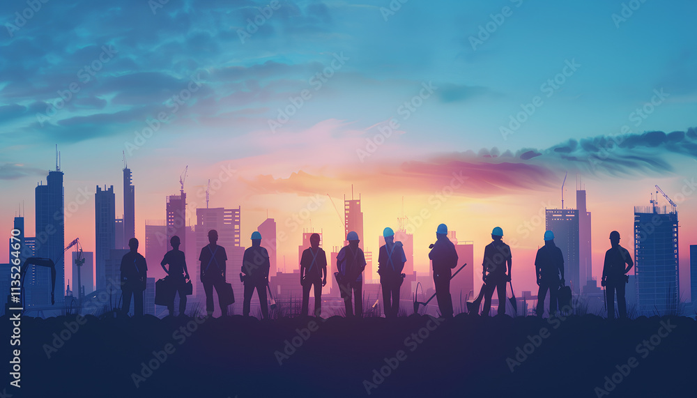 Silhouettes of workers against the background of the city. Silhouettes of workers against the background of the city.
