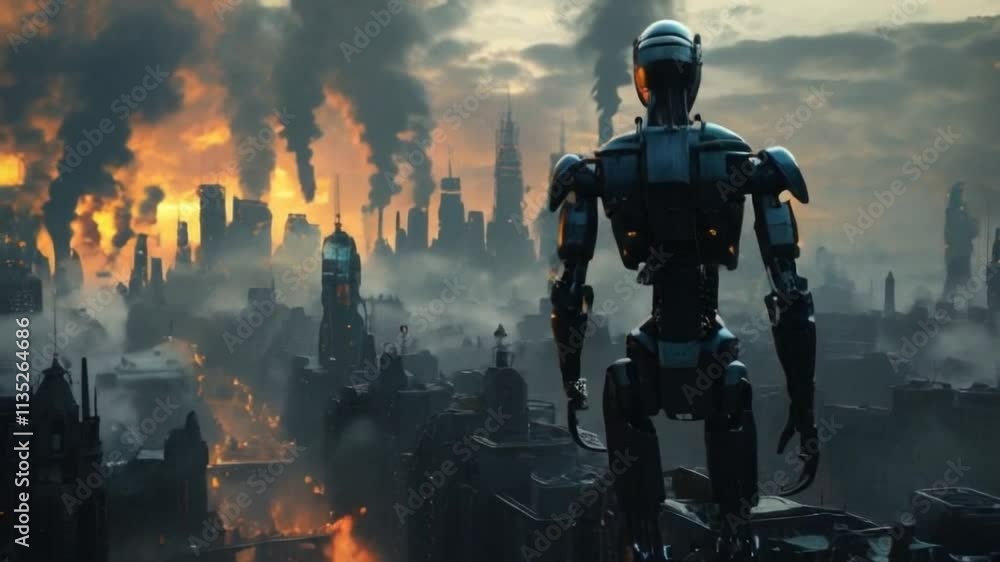 metal cyborg standing in full height, rear view, surveys the captured city from above, skyscrapers are burning. robot uprising concept. metal cyborg standing in full height, rear view, surveys the captured city from above, skyscrapers are burning. robot uprising concept.