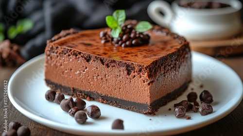 Decadent chocolate cheesecake slice served on a rustic plate with rich sauce ...