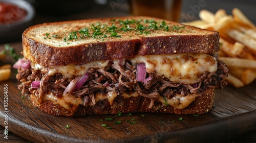 Delicious grilled sandwich with tender beef and melted cheese served with fries