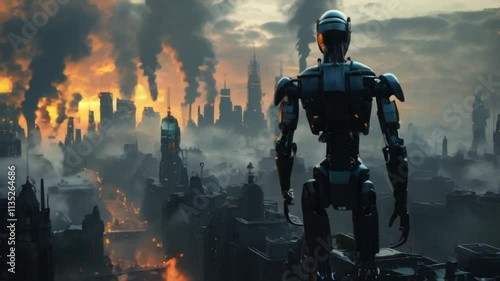metal cyborg standing in full height, rear view, surveys the captured city from above, skyscrapers are burning. robot uprising concept.