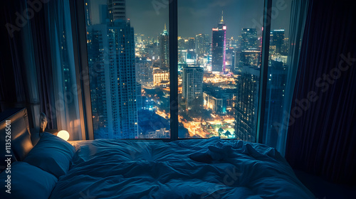 Penthouse bedroom at night, dark and gloomy with a city view from the bed, focus on lighting from the balcony photo