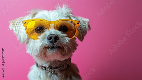 Stylish dog with yellow glasses posing against a vibrant pink background