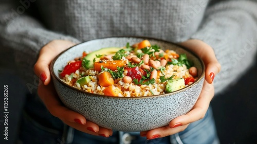 Healthy bowl filled with colorful vegetables and grains held by a person indoors