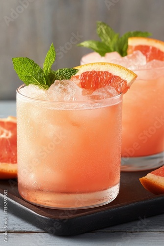 Refreshing grapefruit cocktails garnished with mint served on a wooden table